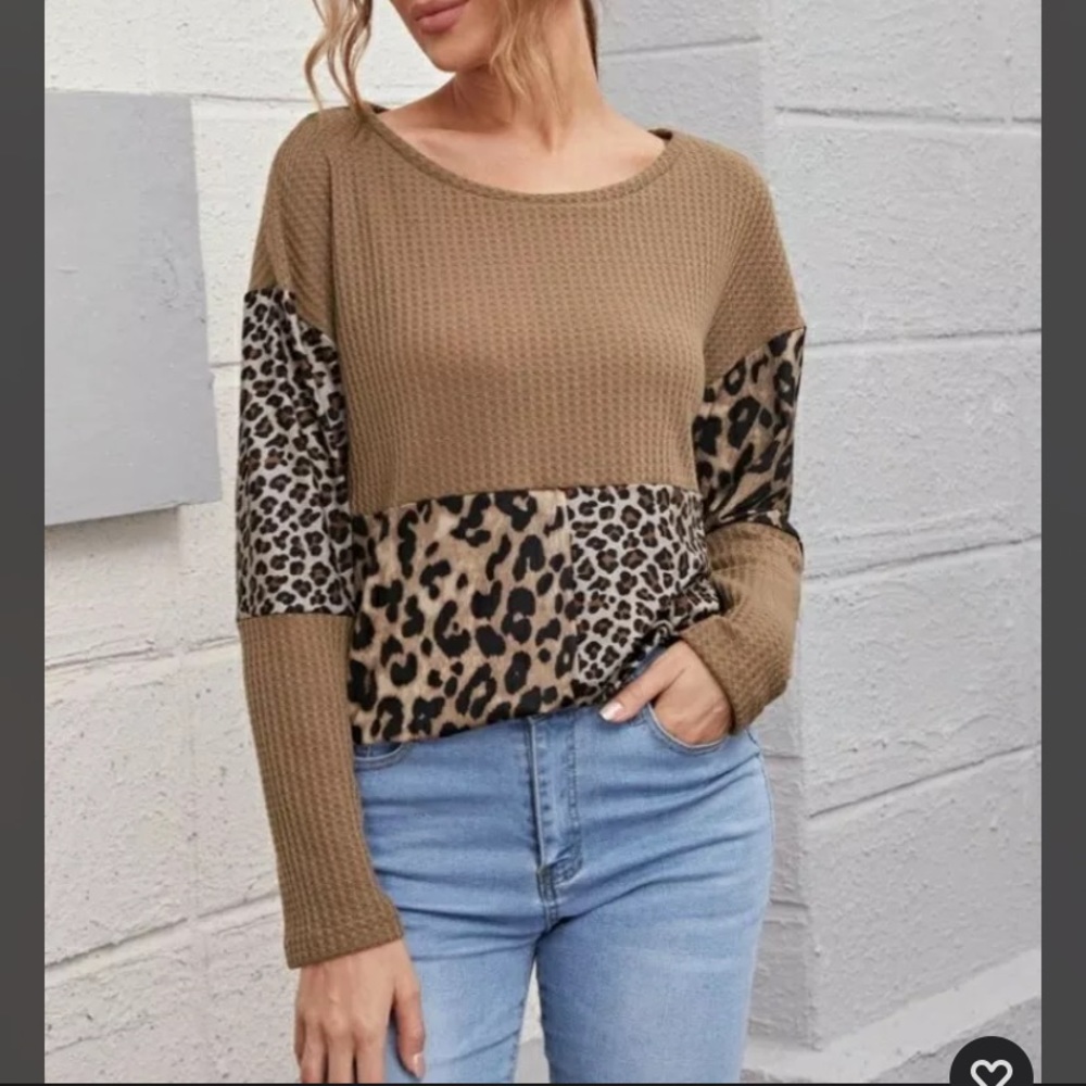 Drop Shoulder Leopard Color Block Waffle Knit Pullover